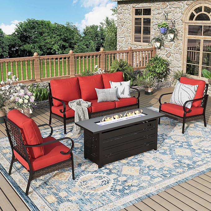 Patio Furniture Set with Fire Pit Table, 4 PCS Metal Outdoor Conversation Set with 5.75'' Extra Thick Cushion, 2 Chairs, 3-Seat Sofa and Gas Fire Pit Table, Red