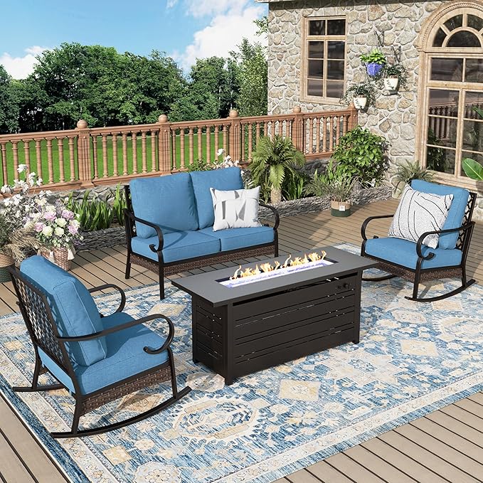 Patio Furniture Set with Firepit Table, Black Frame Outdoor Conversation Set with 2 x Rocking Chair, 1 x 2-Seat Sofa for Lawn Garden Backyard, Navy Blue