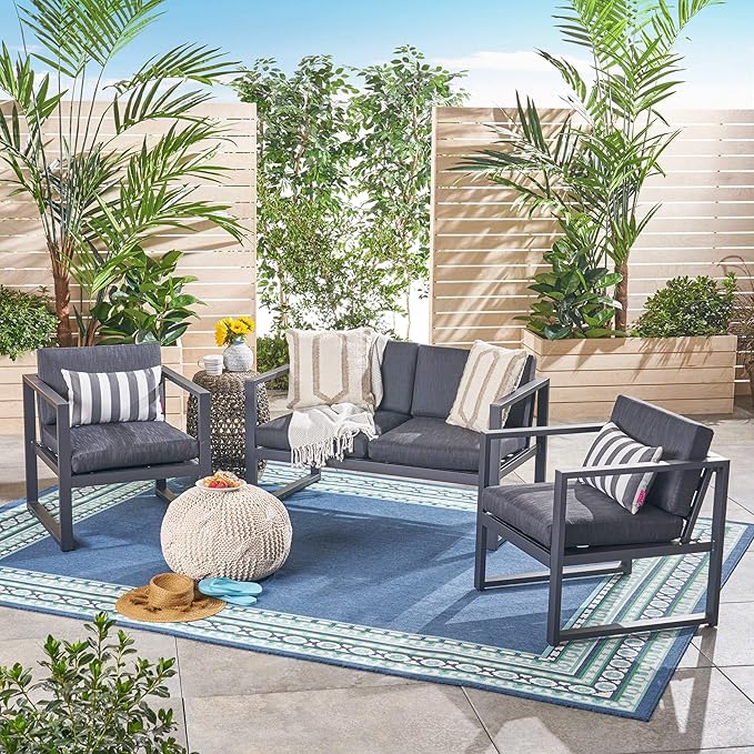 Christopher Knight Home Navan Outdoor 4-Seater Aluminum Chat Set, Silver / Dark Grey Cushions
