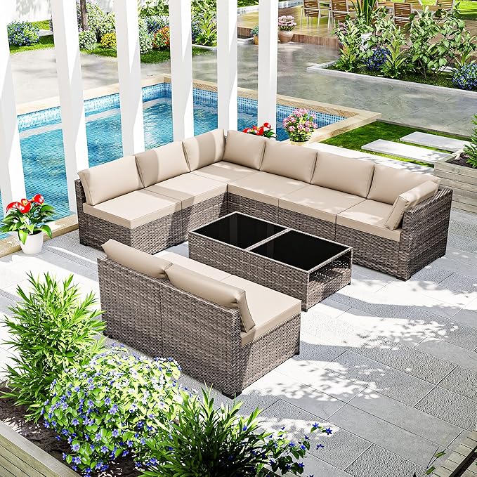 Joyside 10-Piece Patio Furniture Set, Rattan Outdoor Sectional Wicker Patio Conversation Set with Cushions and Coffee Table