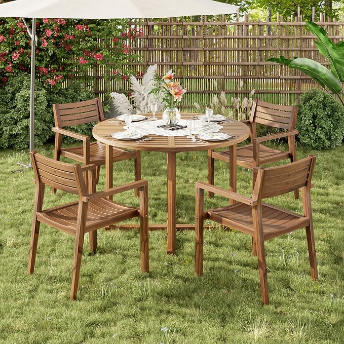 Merax 5-Piece Outdoor Dining Set for 4 People, Weather-Resistant Sturdy Acacia Wood Furniture Sets, 4 Chairs + 47.2" Round Dining Table, for Patios Garden Poolside Lawn, Natural