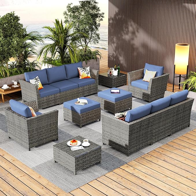 12 Pieces Outdoor Furniture Patio Sectional Sofa Couch Gray PE Wicker Conversation Sets with Ottomans Glass Coffee Table for Garden Poolside Backyard