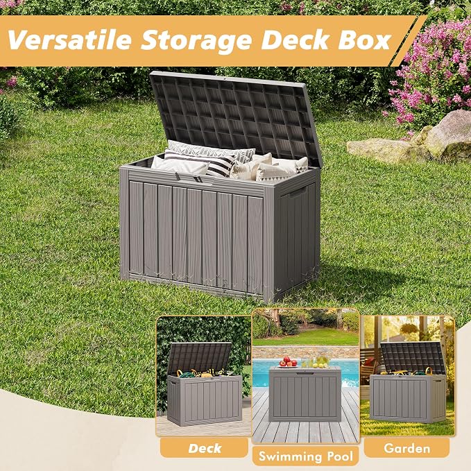 Fancyango 45 Gallon Outdoor Deck Box Waterproof, Storage Box for Patio, Resin Storage Bench Lockable for Garden Tools, Package Delivery, Grey