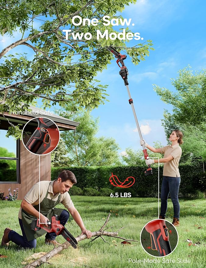 DeForce 2-in-1 Cordless Electric Pole Saw, for Milwaukee M18 18V Battery, Brushless 8" Mini Chainsaw for Tree Trimming, Battery Powered Pole Saw, 16 ft Max Reach, with Extension Pole(Bare Tool Only)