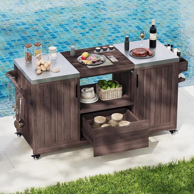 RUNNA Outdoor Kitchen Island for Big Green Egg Grills, Solid Wood Outdoor Grill Cart for Tabletop Grill with Stainless Steel Top, Drawer, Compatible with Large Big Green Egg, Kamado Joe (Brown@029)