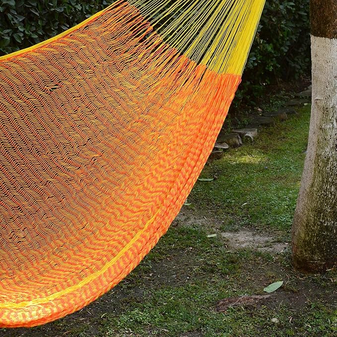 NOVICA Bright Yellow Orange Hand Woven Nylon Mayan 1 Person Rope Hammock with Hanging Accessories, 'Daffodil Dreams' (Single)