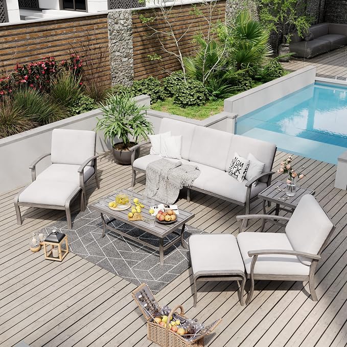 HAPPATIO 7 Piece Aluminum Patio Furniture Set, 3-Seat Outdoor Ottomans and Armchairs, Outdoor Sectional Sofa with Side Table and Coffee Table, Garden Conversation Set for Lawn Deck (Gray)