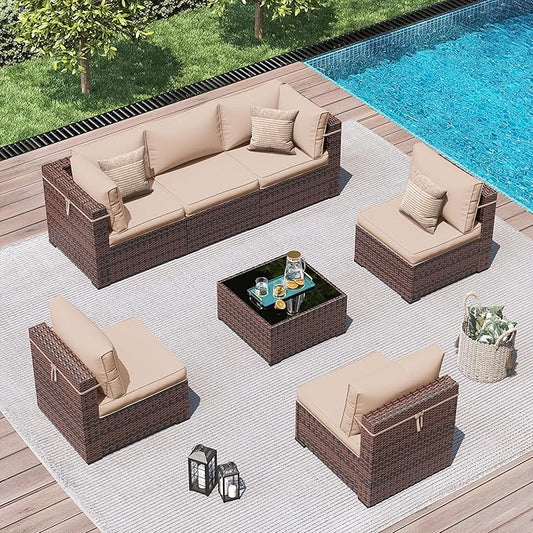 Amopatio Outdoor Patio Furniture Set 7 Pieces Patio Conversation Set Sectional Couch Sofa with All-Weather Cover, Glass Table & Thicken Cushion Fits Garden Yard Porch