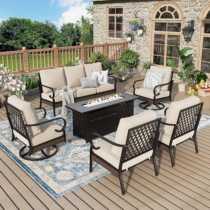 Patio Furniture Set with Fire Pit Table, Metal Outdoor Conversation Set with 5.75'' Extra Thick Cushion, 2 Swivel Chairs, 2 Leg Chairs, 3-Seat Sofa and Gas Fire Pit Table, Beige