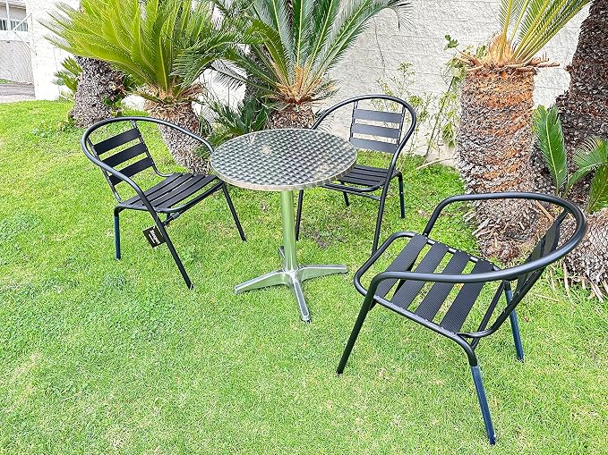 BTEXPERT Indoor Outdoor Restaurant Stainless Steel Aluminum Metal Slat Stack Commercial Lightweight, 3 Chairs with a 27.5" Square Table, Silver/Black