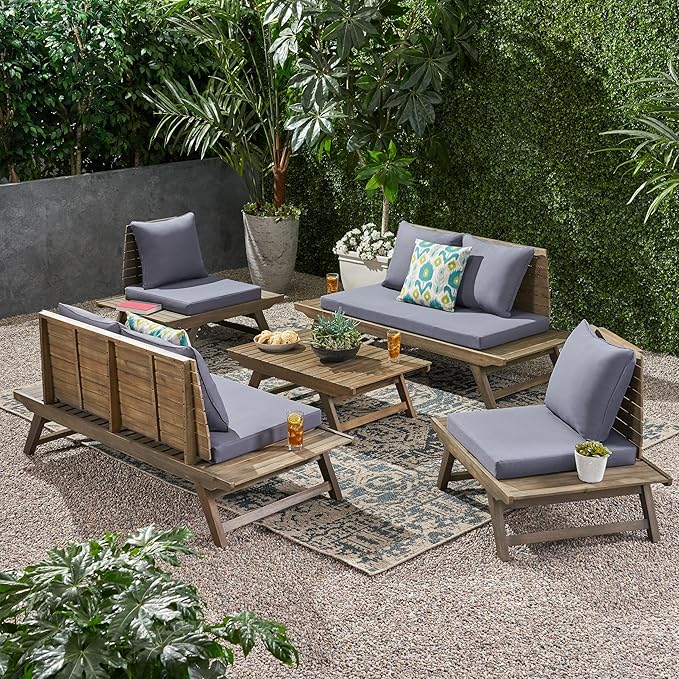 Christopher Knight Home Sedona Outdoor Acacia Wood 6 Seater Chair Loveseat Cushions Chat Patio Furniture Conversation Sets with Coffee Table, 37 "W x 28.25 "D x 29.5 "H, Gray + Dark Gray