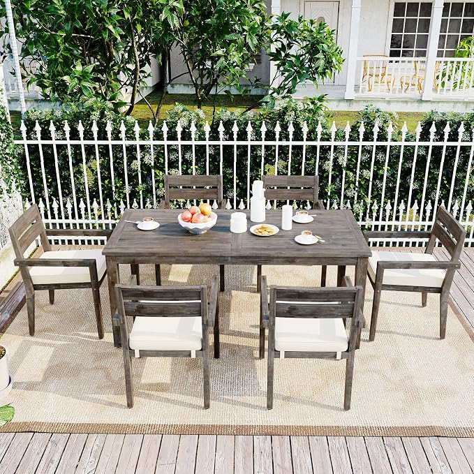 VilroCaz 7-Pieces Acacia Wood Outdoor Dining Table Set, All-Weather Patio Conversation Dining Set, 70.9'' Dining Table with 6 Removable Cushion Chairs, Suitable for Patio Balcony Backyard (Grey-AC)