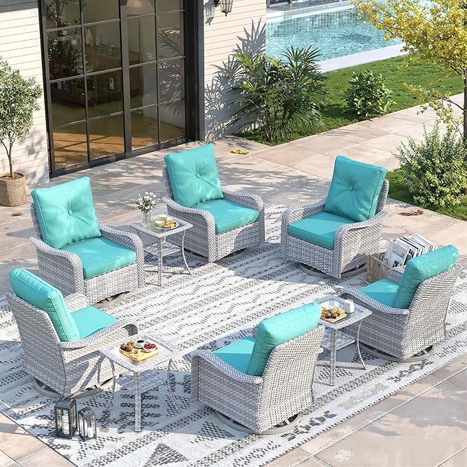 9 Piece Wicker Patio Furniture Set, Swivel Rocking Chairs with 4''Cushions, PE Rattan, Rust Resistant Frame, Double Layer Glass Side Table, for Backyard, Deck or Balcony, Blue