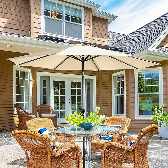 NUU GARDEN 7.5 FT Round Patio Umbrella, Outdoor Table Umbrella with Vent, 8 Sturdy Iron Ribs and Aluminum Pole, Market Umbrella with Push Button Tilt and Crank for Backyard, Poolside, Yard, Beige