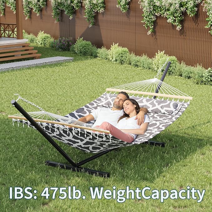 Double Hammock with Stand for Outside, Upgraded Carrying Case，Easy Assembly, Portable Space Saving Heavy-Duty Steel Frame，2 Person 450 Lbs Capacity，Perfect for Outdoor & Indoor,Grey