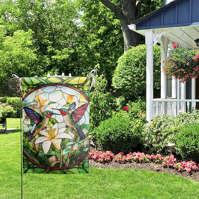 Stained Glass Hummingbird House Flag 28x40 Double Sided Large Decorative Flags For Outside Spring Floral Garden Flag Summer Flower Yard Flags for Lawn Porch Patio Decor