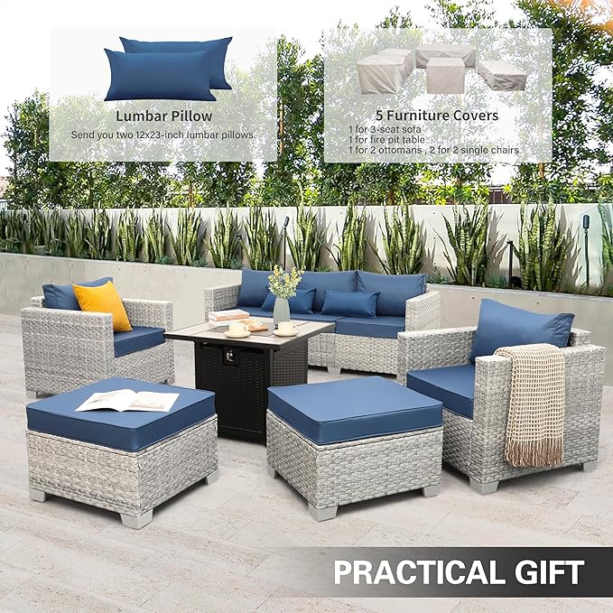 WAROOM Patio Furniture Set 6 Piece PE Rattan Outdoor Conversation Sets Grey Wicker Couch Sectional Sofa with 30" Fire Pit Table and Navy Blue Cushion