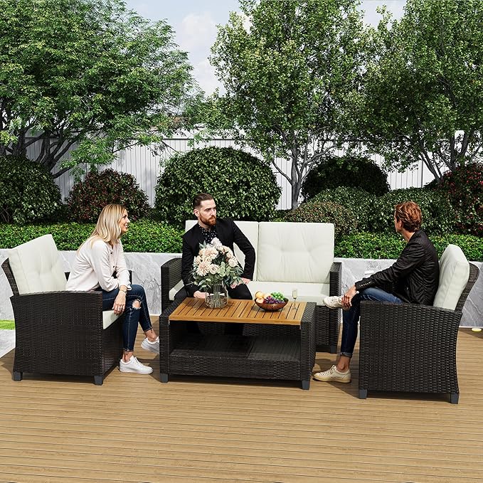 Green4ever Patio Conversation Sets, Wicker Outdoor Patio Furniture Set, 4 Pieces All Weather Rattan Patio Sofa with Wood Coffee Table and Thick Cushions, Beige