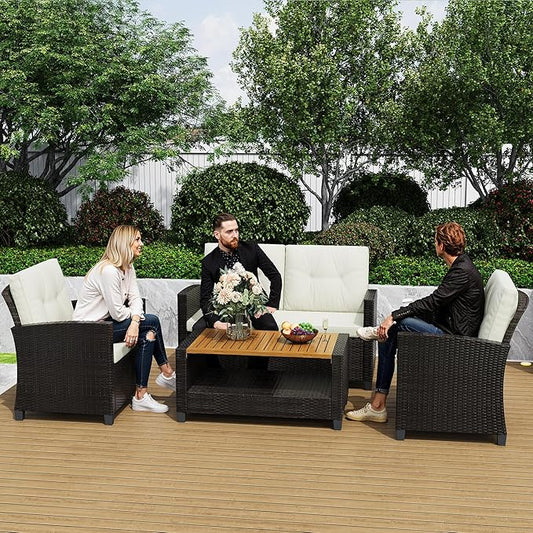 Green4ever Patio Conversation Sets, Wicker Outdoor Patio Furniture Set, 4 Pieces All Weather Rattan Patio Sofa with Wood Coffee Table and Thick Cushions, Beige