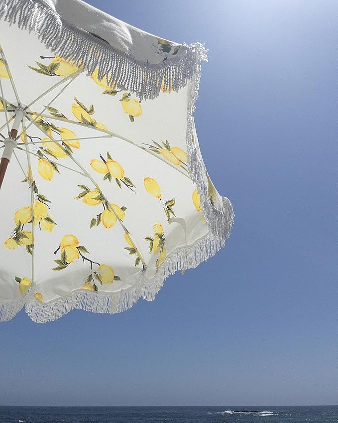 Business & Pleasure Co. Holiday Umbrella - Boho Beach Umbrella with White Fringe, UPF 50+, 1" Tilting Wood Pole, 5’ x 6.5’, Vintage Lemons