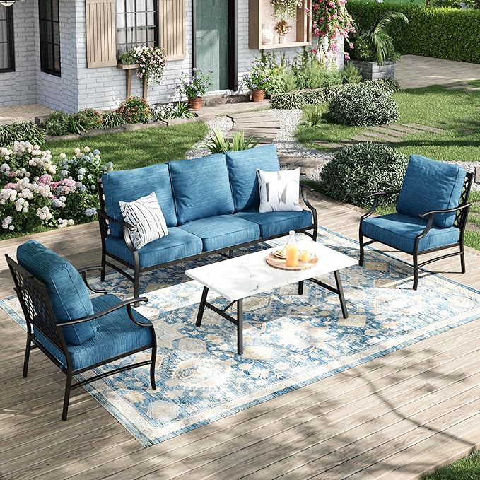 Patio Furniture Set 4 pcs, Metal Outdoor Patio Furniture, 3-Seat Sofa, 2 Single Chairs, Coffee Table and 5.75" Extra Thick Cushion, Conversation Set for Backyard Deck, Gemstone Blue
