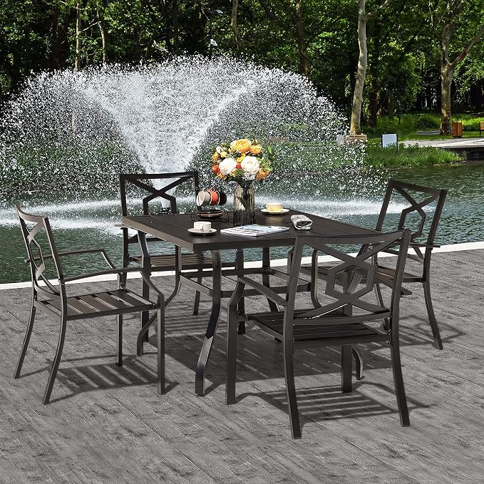 NUU GARDEN 5-Piece Outdoor Dining Set, Square Patio Table with Umbrella Hole and 4 Iron Dining Chairs, All-Weather Furniture for Garden Backyard Balcony, Black