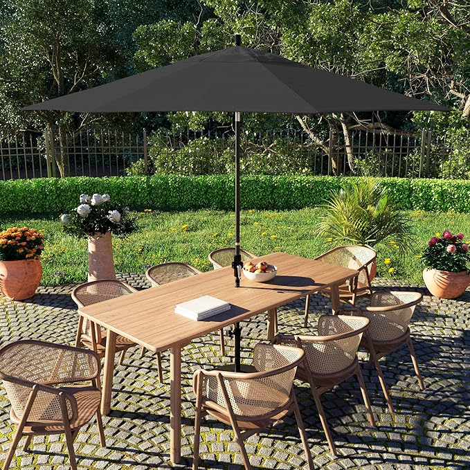 California Umbrella 11Ft Fiberglass Rib Patio Umbrella, Hand-Crank, Tilt-Collar, Black Frame, Solution Dyed Black Fabric
