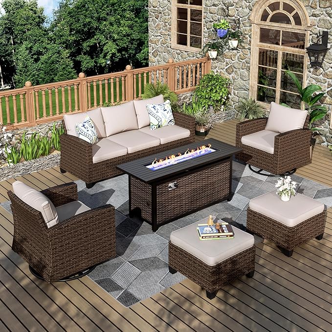 Swivel Glide Outdoor Patio Furniture Set, 6 Pcs Wicker Patio Conversation Set, 2 x Swivel Chairs, 1 x 3 Seater Sofa and 2 x Ottomans with 4" Thick Cushions and 56" Fire Pit Table, Beige