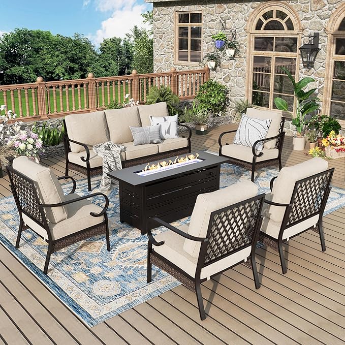 Patio Furniture Set with Fire Pit Table, Metal Outdoor Conversation Set with 5.75'' Extra Thick Cushion, 4 Leg Chairs, 3-Seat Sofa and Gas Fire Pit Table, Beige