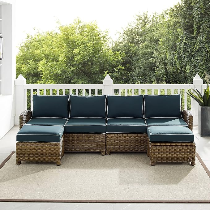 Crosley Furniture Bradenton 4-Piece Outdoor Sectional Sofa Wicker Conversation Patio Furniture Set for Deck, Brown with Navy Cushions