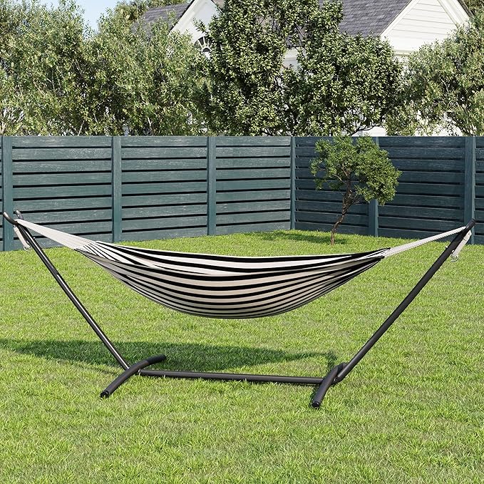 IDEALHOUSE 2 Person Brazilian Hammock with Steel Stand, Adjustable Double Cotton Hammock Bed, 450 Lbs Capacity Portable Setup for Indoor, Outdoor Patio, Camping, Black&White