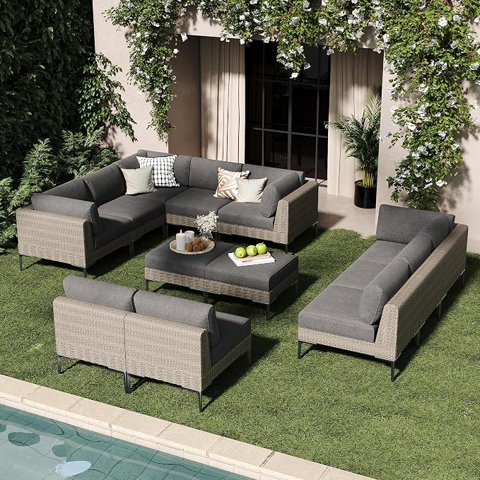 LayinSun 12-Piece Wicker Rattan Patio Furniture Set, Deep Seating Outdoor Modular Sectional Sofa Conversation Set with Thick Cushions for Lawn, Garden