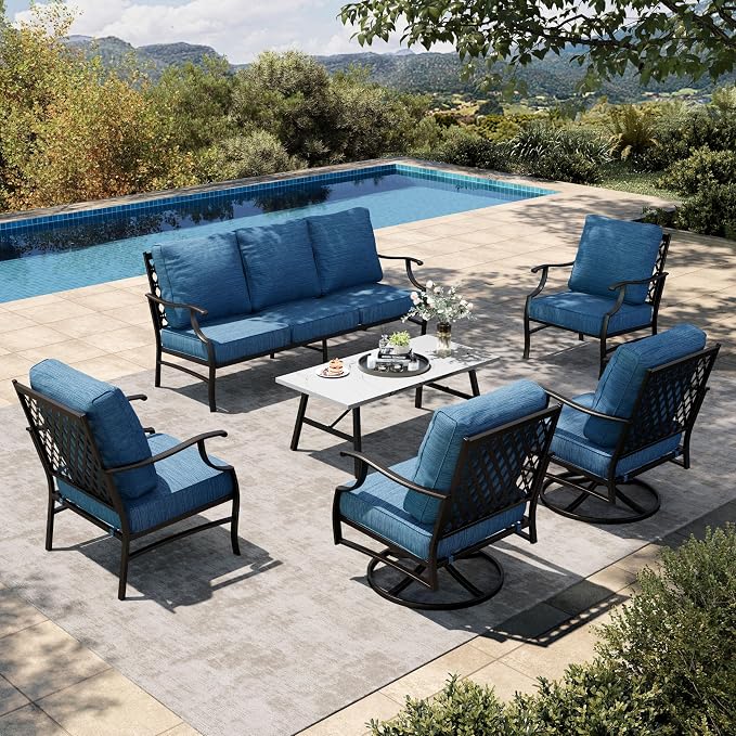 HERA'S HOUSE 6 Piece Patio Furniture Set, 2 x Swivel Chair, 2 x Fixed Chair, 1 x 3-Seat Sofa with Marbling Coffee Table, 7 Seats Outdoor Conversation Set for Lawn Garden Backyard, Pacific Blue