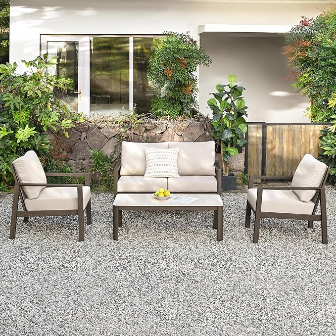 HAPPATIO Patio Conversation Set, 4-Piece Aluminum Oversized Patio Furniture Set with Rope Woven Backrest, 2 Chairs and Loveseat with Thick Cushion, Hand-Brushed Frame for Yard, Porch, Balcony