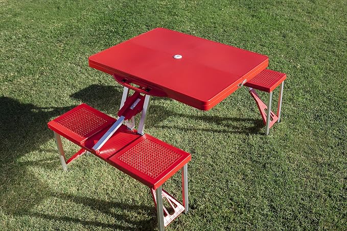Picnic TIME Coca-Cola Folding Picnic Table with Seats, Collapsible Aluminum Table and Bench Set with Umbrella Hole, Lightweight Portable Table for Camping, Travel, Tailgating, Backyard (Red)