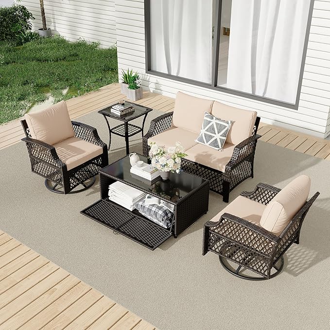 HOMREST 5 Piece Patio Furniture Set, Wicker Outdoor Conversation Sofa Set with Swivel Chairs, Loveseat, Storage Coffee Table, Glass Side Table, Soft Cushions for Deck Backyard Porch 4 Seats Khaki