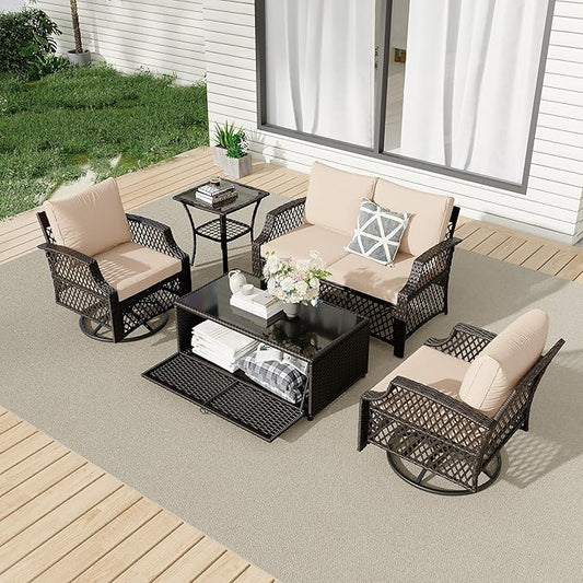 HOMREST 5 Piece Patio Furniture Set, Wicker Outdoor Conversation Sofa Set with Swivel Chairs, Loveseat, Storage Coffee Table, Glass Side Table, Soft Cushions for Deck Backyard Porch 4 Seats Khaki