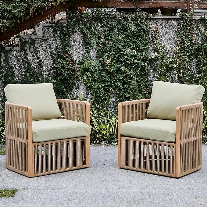 Aluminum Outdoor Dining Chairs, Olefin Rattan Patio Dining Chairs Set of 2, Modern Accent Chair with Highback, All Weather Rust Resist Armchair, Outdoor Patio Sofa Couch for Yard/Garden, Green