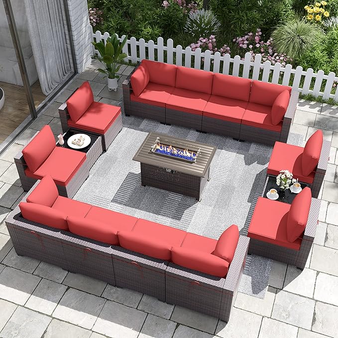 Patio Furniture Set with Fire Pit Table 15 PCS Outdoor Sectional Furniture Rattan Patio Conversation Set with 43in Propane Gas Fire Pit Table and Glass Table, Red