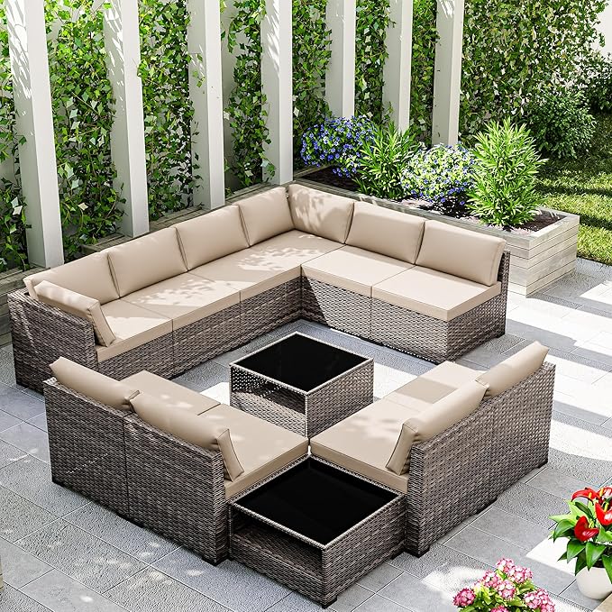 Joyside 12-Piece Patio Furniture Set, Rattan Outdoor Sectional Wicker Patio Conversation Set with Cushions and Coffee Table