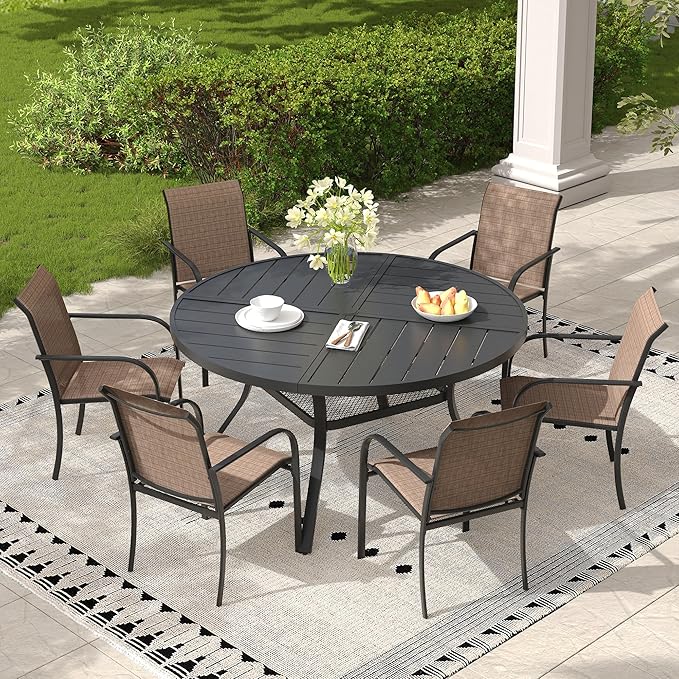7 Pieces Outdoor Dining Set, Stackable Textilene Paito Chairs & 47.1" Round Dining Table with Umbrella Hole and Shelf, Patio Dining Set for Backyard, Deck, Garden, Brown & Black