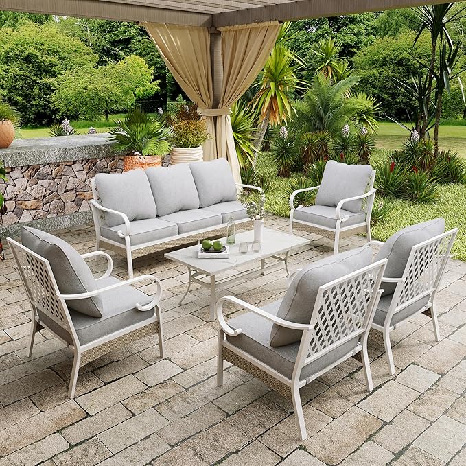 6 Piece Metal Patio Furniture Set, 7-Seat All Weather Outdoor Conversation Set with 3-Seat Sofa & 4 Fixed Chairs & Coffee Table, Outdoor Sofa Set for Backyard, Deck, Garden, White/Light Grey