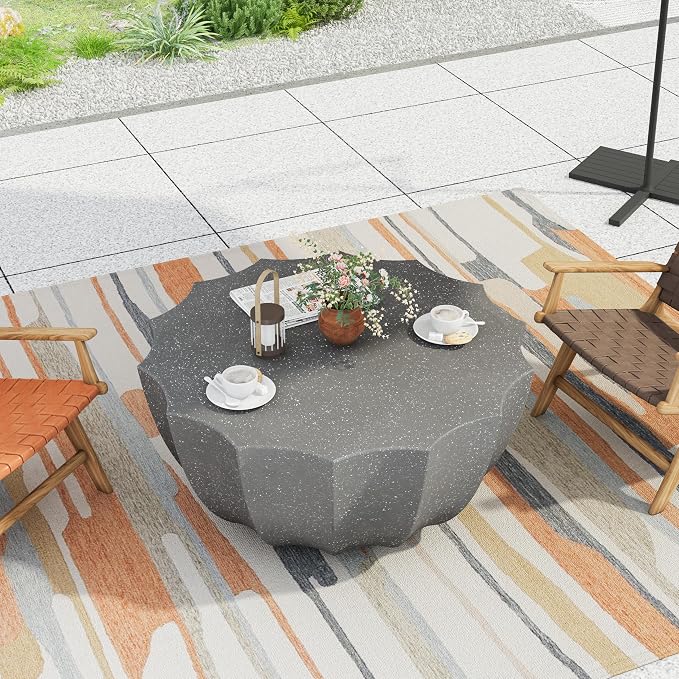35" Indoor Round Coffee Table, Waterproof Coffee Table Modern MgO Cement Design End Tables for Living Room, Outdoor Patio Coffee Tables for Garden, Backyard, Balcony, Grey