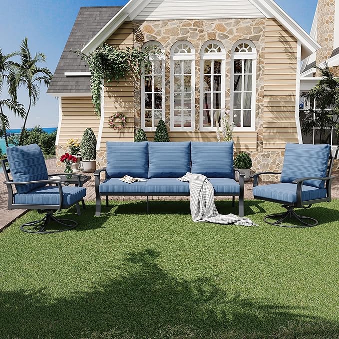 HOMREST Patio Furniture Sets 4 PCS Outdoor Metal Conversation Sets, 360 Degree Swivel Rocking Chairs Patio Conversation Set with Coffee Table and 3-Seat Sofa for Garden, Deck and Poolside