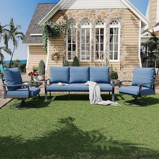 HOMREST Patio Furniture Sets 4 PCS Outdoor Metal Conversation Sets, 360 Degree Swivel Rocking Chairs Patio Conversation Set with Coffee Table and 3-Seat Sofa for Garden, Deck and Poolside