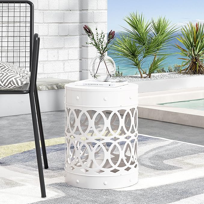 Outdoor Metal End Table Large, White Iron Side Table with Geometric Cut Design, Round Patio Accent Table No Assembly Required, Weather Resistant for Garden Balcony Porch (White)