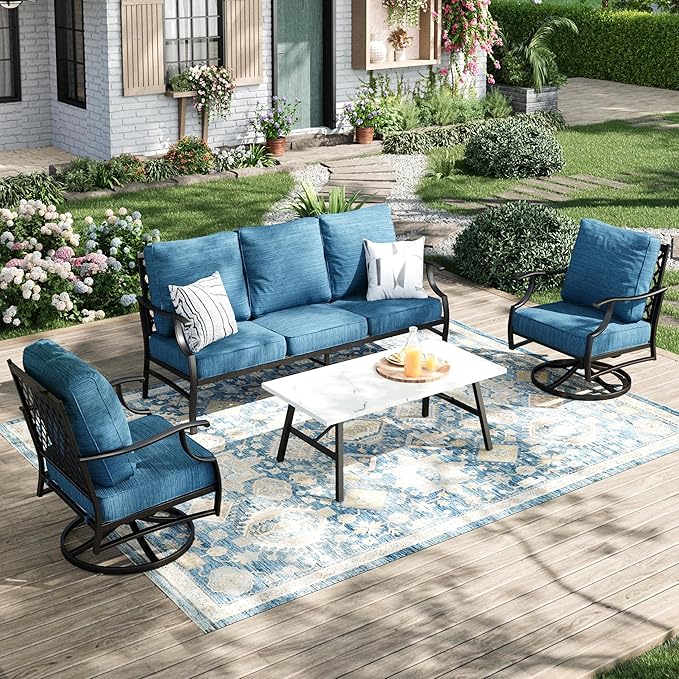 Patio Furniture Set 4 pcs, Metal Outdoor Patio Furniture, 3-Seat Sofa, 2 Swivel Chairs, Coffee Table and 5.75" Extra Thick Cushion, Conversation Set for Backyard Deck, Gemstone Blue