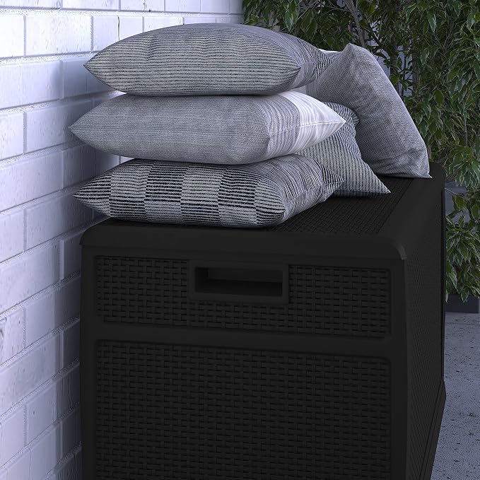 Merrick Lane Outdoor Storage Container - 120 Gallon Capacity - Black Weather Resistant Plastic - UV Treated to Prevent Fading - Chest Design with Hinged Lid