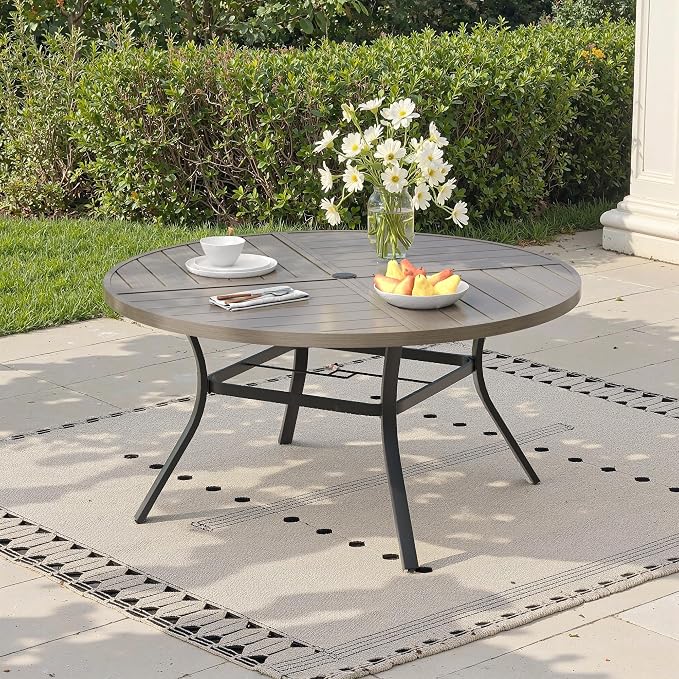 50" Outdoor Dining Table with Adjustable Umbrella Hole, Metal Slatted Round Patio Dining Table for Backyard Garden Deck, Antique Grey
