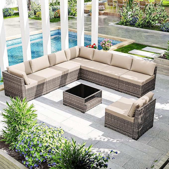 Joyside 9-Piece Patio Furniture Set, Rattan Outdoor Sectional Wicker Patio Conversation Set with Cushions and Coffee Table